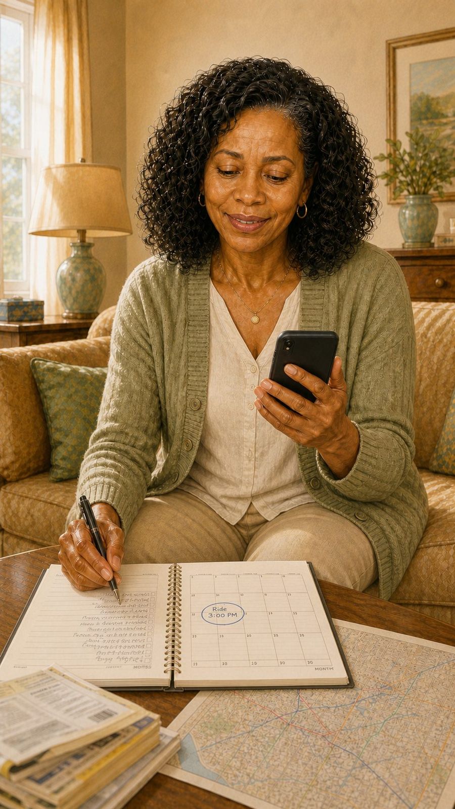 A woman on her couch smiling as she checks her phone and writes in her weekly planner